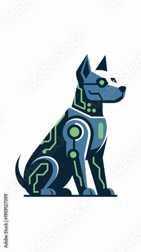 Robotic dog futuristic cybernetic animal character with circuit board patterns and glowing green accents symbolizing artificial intelligence technology innovation and future companionship for science