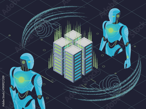 Futuristic blue robots interacting with glowing data servers in a digital network grid with abstract energy waves symbolizing artificial intelligence and future technology concept for global business