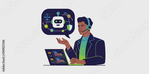 Male customer service agent with headset and laptop interacting with AI chatbot representing legal and security services for business solutions and online support concepts modern illustration for tech