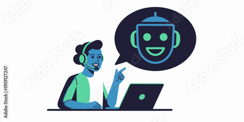 Customer support agent headset operator interacts with AI chatbot bot for technical assistance online communication virtual assistant helping client with service and helpdesk solutions business techno