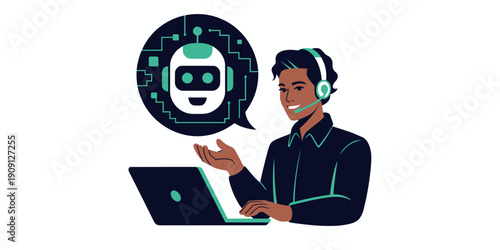 Friendly male customer service agent with headset and laptop assisting with AI chatbot technology communication and digital support in modern business concept for online helpdesk and virtual assistant