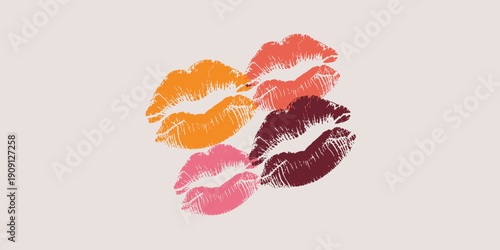 Multiple vibrant lipstick kiss marks forming a heart shape on plain background passionate love romance symbol heartfelt affection feeling beautiful beauty concept for Valentine's Day or cosmetic adver