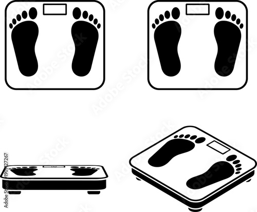 4 view Body Weight Scale Icons Set: Vector Collection of Digital Bathroom Scales with Footprints for Health, Fitness, and Diet Tracking Apps or Websites - Clean Black Glyph Symbol Pack