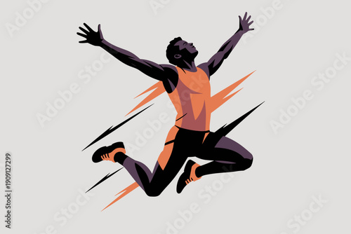 Male athlete jumping celebrating victory with arms raised high in dynamic motion energetic sports illustration for athletic achievement success concept representing fitness competition and triumph mod