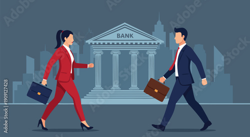 Business People Walking Towards Bank Vector Illustration - Financial Transaction Concept