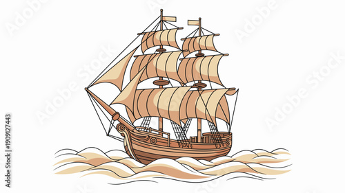 Vintage tall ship sailing on wavy sea ocean water with full sails billowing in wind nautical exploration adventure concept antique vessel illustration for historical maritime themes journey travel dis