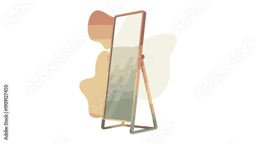 Modern full length standing mirror with wooden frame and abstract organic shapes in background for interior design decor and stylish home decor concepts isolated on white background vector illustratio