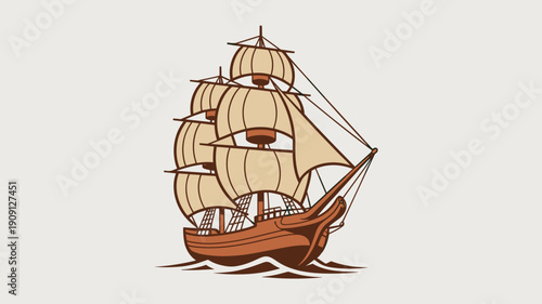 Vintage wooden sailing ship with full sails navigating calm ocean waves representing exploration adventure journey discovery and historical maritime travel concept illustration for nautical themes and