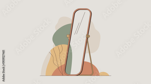 Modern full length mirror with abstract organic shapes background minimalist interior decor object reflecting simplicity and self awareness for lifestyle and design concepts