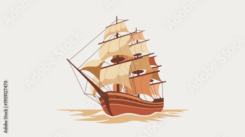 Vintage galleon sailing ship with full sails on calm ocean waves artistic illustration maritime adventure exploration nautical concept historical voyage symbol for travel and discovery themes