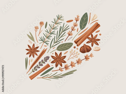Aromatic culinary spices and herbs arranged beautifully for cooking and baking featuring cinnamon sticks star anise rosemary lavender sage for natural flavor enhancement and festive seasonal recipes w