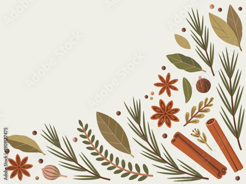 Winter holiday spices and herbs border background with cinnamon sticks star anise bay leaves rosemary and peppercorns for festive culinary design and seasonal cooking decoration autumn harvest theme