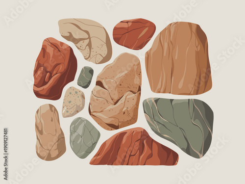 Abstract arrangement of smooth polished river stones in earthy terracotta beige and sage green tones modern minimalist composition for graphic design background texture organic natural shapes abstract