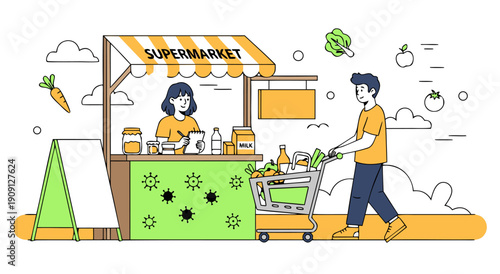 Supermarket shopping vector illustration with people and fresh produce