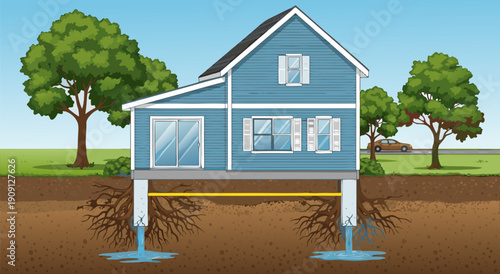 Elevated House Foundation and Water Damage Illustration in Vector Format for Property Protection Concepts