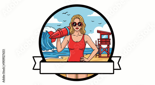 Lifeguard Woman with Rescue Buoy on Beach Vector Illustration, Summer Fun and Safety