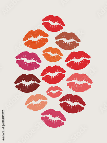 Collection of red pink orange brown lips vector illustration graphic design representing love passion beauty and makeup artistry for fashion cosmetic advertising campaigns and romantic themes