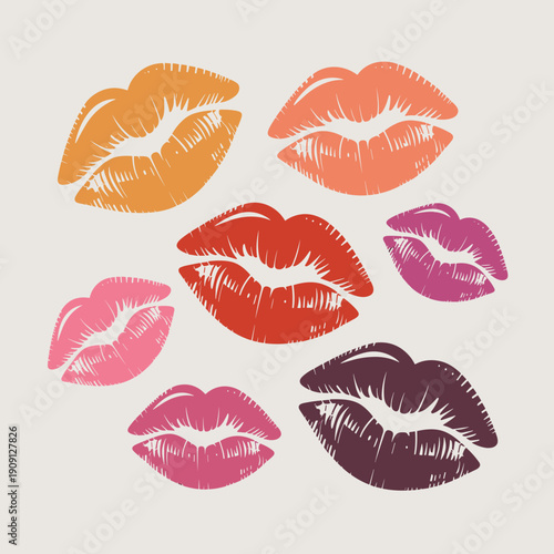 Vibrant lipstick kiss prints collection in assorted bold colors orange coral red pink purple plum on neutral background graphic illustration for beauty fashion marketing concepts playful romantic cele
