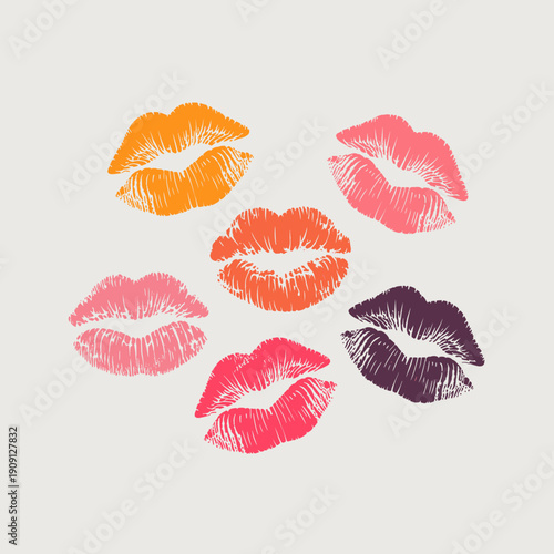 Colorful lipstick kiss marks collection vibrant bold graphic illustration for beauty cosmetic makeup and fashion brands advertising promotional campaigns and social media marketing designs