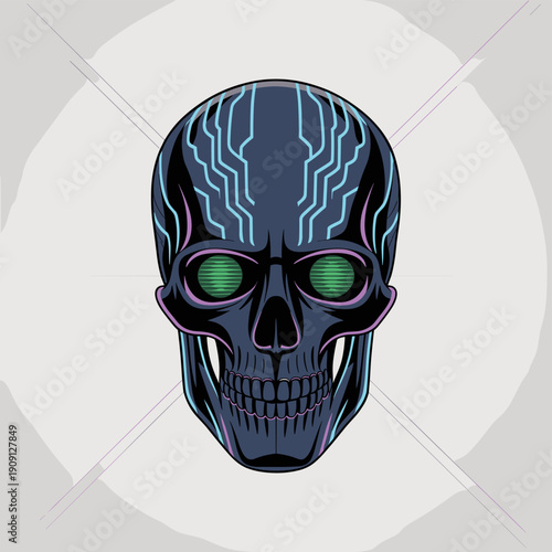 Futuristic cybernetic skull with glowing green eyes and circuit board patterns symbolizing technology danger and death in a modern digital abstract concept for gaming horror sci-fi themes and dark ent
