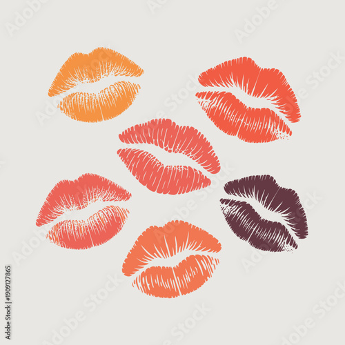 Multiple lipstick kiss marks in vibrant orange coral red and deep plum colors representing love passion romance and beauty for cosmetic advertising and fashion design concepts
