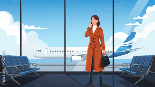 Business Woman Talking on Phone at Airport, Vector Illustration with Airplane and Waiting Area