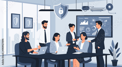 Business security and data protection vector illustration of a team meeting in a modern office environment