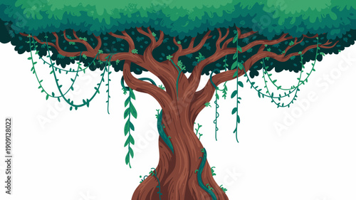 Ancient jungle tree with thick brown trunk and lush green canopy hanging vines and leaves cartoon illustration for nature forest fantasy adventure concept background design