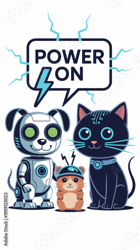 Cute robot dog cat and hamster with power on speech bubble electric lightning bolts science fiction concept technology innovation teamwork future energy graphic illustration for kids children fun tech