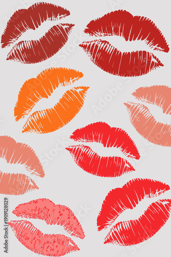 Kiss prints lipstick marks abstract pattern vibrant red orange pink sensual feminine beauty concept for cosmetic advertising fashion design romance love symbol graphic background texture
