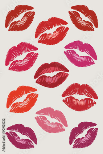 Collection of stylized red pink and orange lipstick kiss marks representing passion romance love and expression for beauty fashion and Valentine's Day designs vibrant graphic pattern illustration