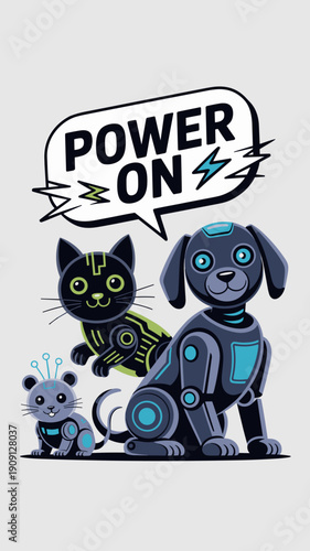 Cute robotic animals dog cat mouse with power on message and lightning bolt illustration for technology concept futuristic innovation and playful energy in modern design style for children media and s