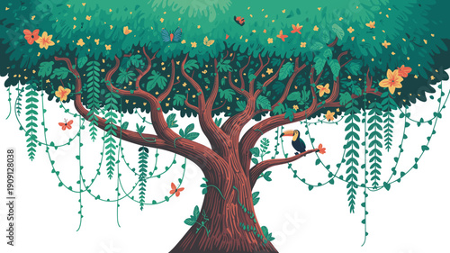 Vibrant illustration of a large stylized tree with lush green foliage abundant flowers and hanging vines featuring a toucan bird perched on a branch with butterflies fluttering around symbolizing natu