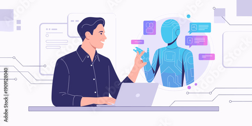 Man interacting with futuristic AI robot assistant on laptop screen for modern business technology and artificial intelligence communication concepts in minimalist flat illustration style for corporat