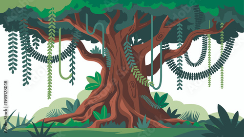 Ancient jungle banyan tree with lush green foliage and hanging vines in a vibrant tropical forest setting depicted in a stylized flat illustration for nature exploration and eco-friendly themes