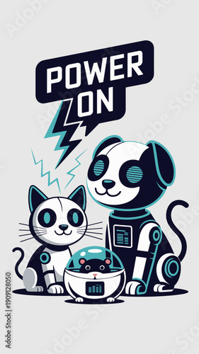 Cute cartoon robot cat dog and hamster in futuristic capsule with power on text and lightning bolt energy symbol modern illustration for technology and innovation concepts