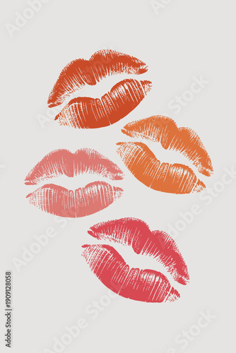 Lipstick kiss prints collection vibrant red coral pink orange shades expressive beauty mark symbol of romance passion love affection and feminine charm conceptual illustration for cosmetic advertising
