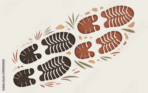 Stylized primitive footprints fossilized ancient trail path abstract illustration representing prehistoric journey exploration discovery and natural history with earthy tones and organic shapes for ed