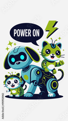 Cute robot dog and cat characters with "Power On" speech bubble and lightning bolt energy symbol for futurist technology and playful tech concepts illustration for children educational materials and k