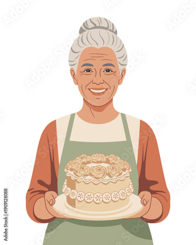 Smiling elderly woman baker with grey hair in a bun wearing an apron holding a beautifully decorated cake with cream roses a symbol of tradition home baking and sweet family moments for culinary websi