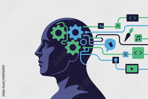 Abstract profile head silhouette with interconnected gears and digital icons representing thought process innovation creativity and technology integration for business presentations conceptual thinkin