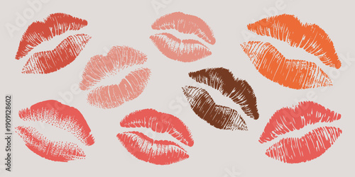 Collection of lipstick kiss prints in various vibrant shades of red pink orange and brown on a neutral background representing romance beauty and passion for cosmetic advertising fashion and Valentine