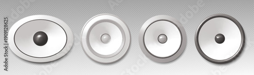 3D speaker realistic vector illustration, sound equipment set. Modern loudspeaker in different design, music system, radio device or subwoofer isolated on transparent, home theater or audio technology