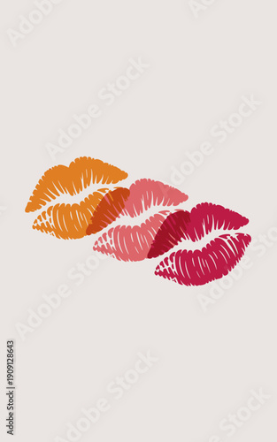Vector lipstick kiss marks in gradient orange pink red hues abstract graphic design element for beauty cosmetic marketing fashion advertising valentine romance love concept celebration event party inv