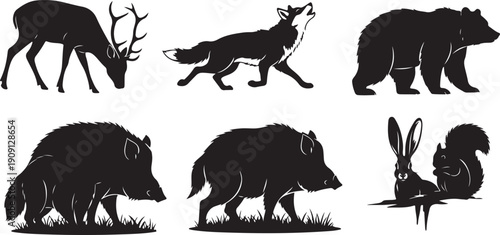Collection of Wild Animal Silhouettes: Deer, Fox, Bear, Boar, Rabbit, Squirrel Isolated on white background