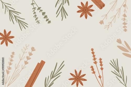 Warm spice and herb botanical illustration with star anise cinnamon sticks and lavender sprigs arranged in a natural decorative border for cozy autumn winter seasonal backgrounds and culinary themes