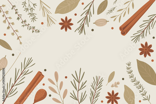 Rustic spice border with cinnamon sticks star anise cardamom pods bay leaves and rosemary sprigs in warm earthy tones for cozy autumn winter cooking culinary art and festive celebrations background de