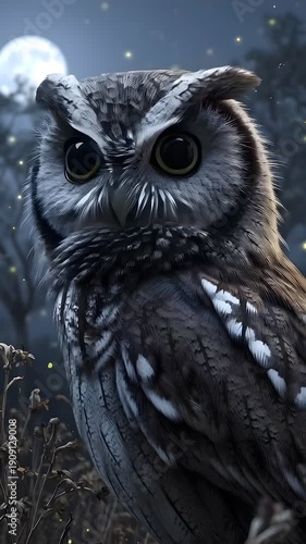 Majestic owl under moonlit night sky in tranquil forest setting