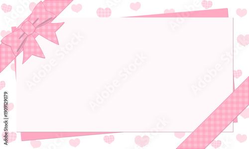 パステルピンクのハートとチェック柄リボンのメッセージカード・フレームセット（バレンタイン・誕生日）