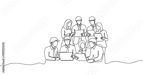 Group of engineers collaborating on project with laptops and tablets. No editable stroke